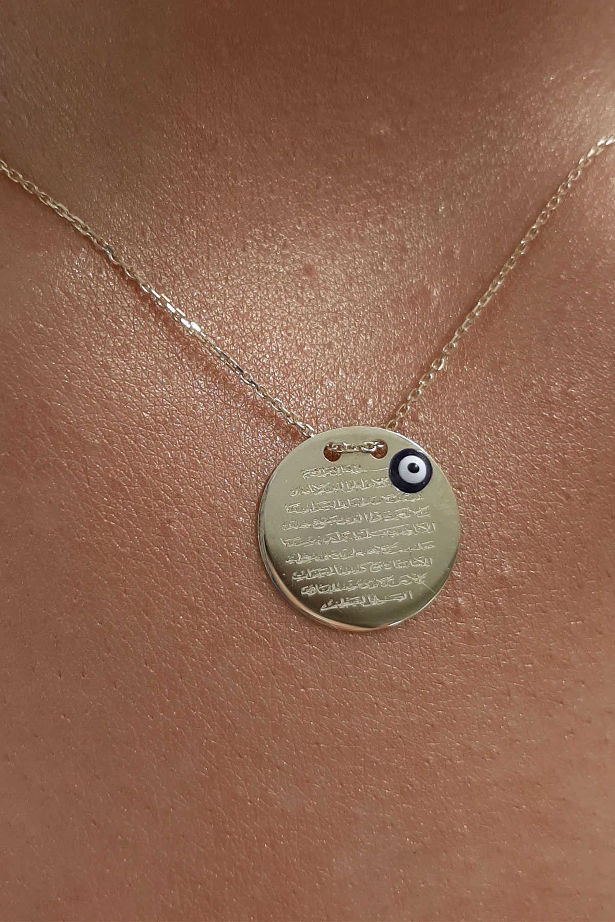Collana rotonda contro il malocchio con scritta protezione preghiera in oro da 14 ct-2