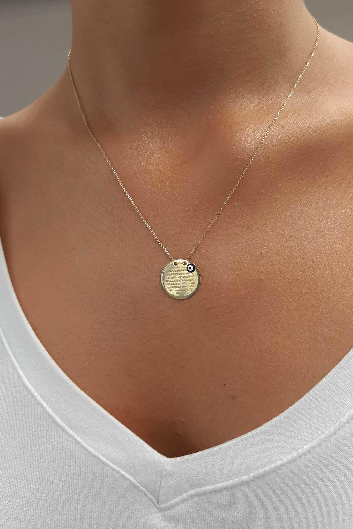 14ct Gold  Prayer Protection Written Round Evil Eye Necklace-3