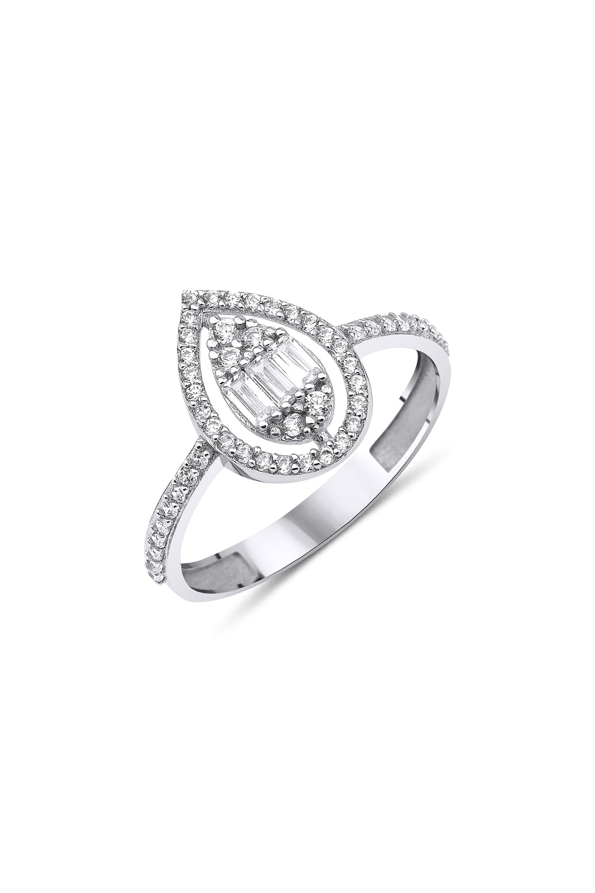 Anello Baguette con goccia d'acqua in oro bianco da 14 ct-0