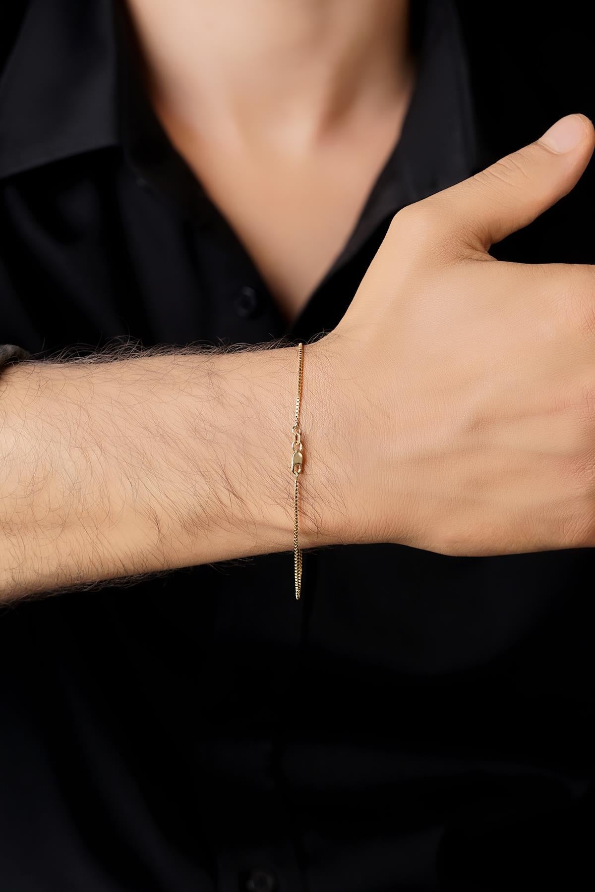 Men's 14ct Gold Dainty Box Chain Bracelet-2